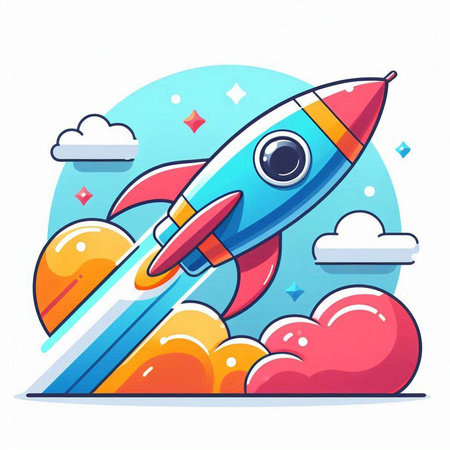 Cartoon rocket with clouds in the sky. Vector illustration in flat styleのイラスト素材