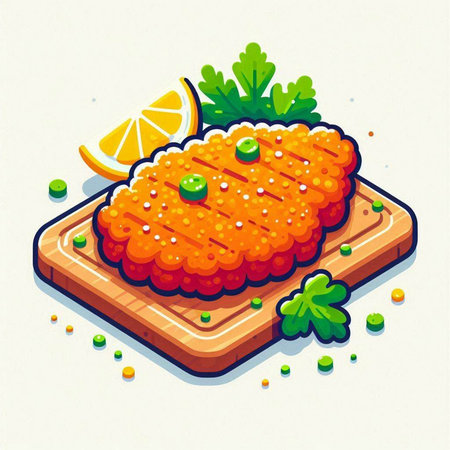Illustration of fish cutlet on a wooden board with lemon and parsleyのイラスト素材