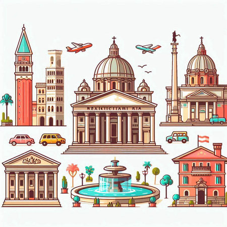 Travel to Italy set with famous landmarks in flat style. Vector illustrationのイラスト素材
