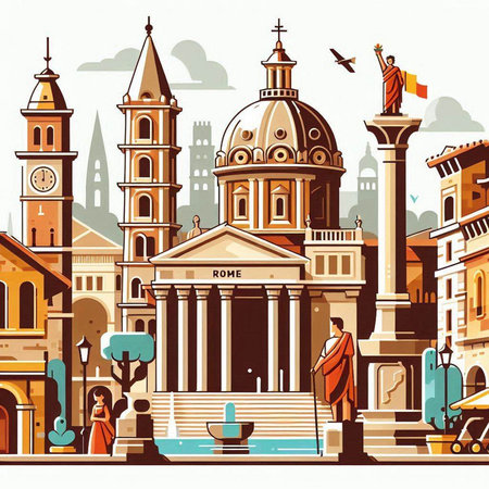 Famous landmarks of Rome, Italy. Vector illustration in retro styleのイラスト素材