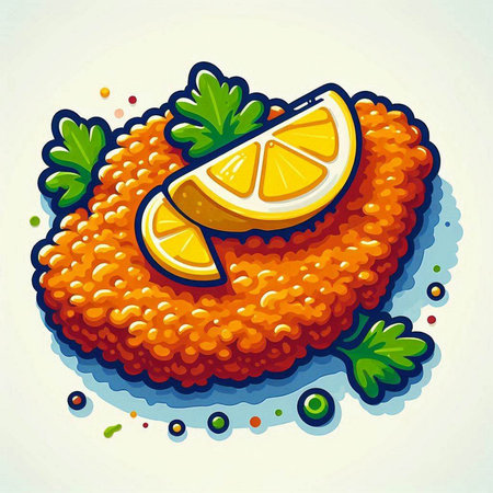 Illustration of a bowl of deep fried fish with lemon and parsleyのイラスト素材