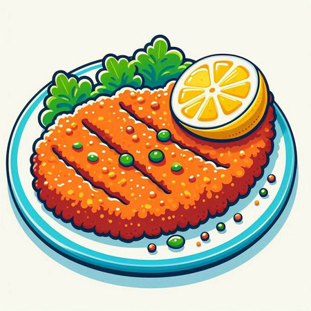 Illustration of a cutlet with lemon and parsley on a plateのイラスト素材