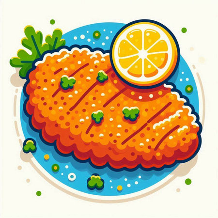 Fried fish fillet with lemon and parsley. Vector illustration.のイラスト素材
