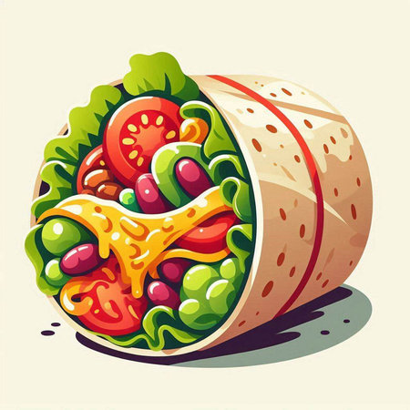 Vector illustration of a tortilla wrap with salad, tomato and cheese.のイラスト素材