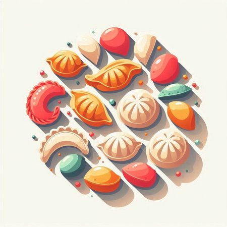 Vector illustration of dumplings with different fillings in a flat styleのイラスト素材