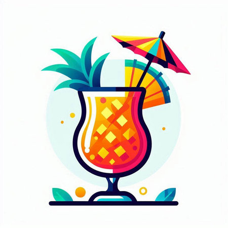 Cocktail with pineapple and umbrella. Vector illustration in flat styleのイラスト素材