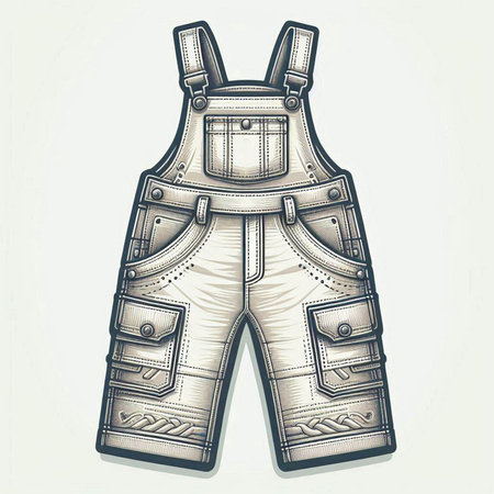 Vector hand drawn illustration of work overalls. Design element for poster, card, banner, sign, emblem.のイラスト素材
