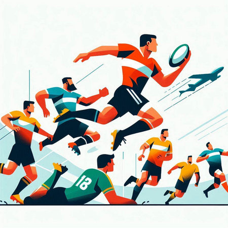 Rugby players in action, vector illustration. Flat design.のイラスト素材