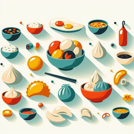 Illustration of a set of Japanese food on a light background.のイラスト素材