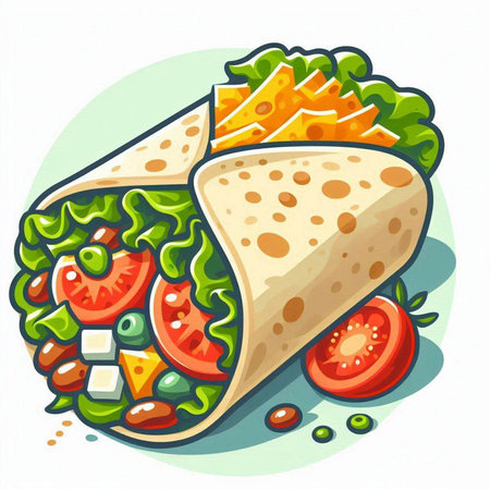 Tortilla with tomato, lettuce and cheese. Vector illustration.のイラスト素材