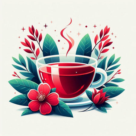 Cup of tea with red flowers, leaves and berries. Vector illustration.のイラスト素材