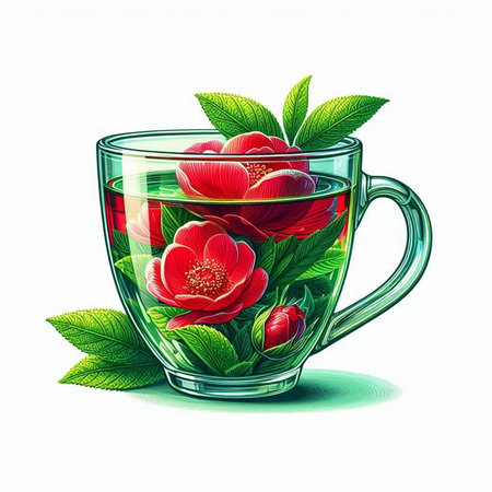 Cup of tea with red flowers and green leaves. Vector illustration.のイラスト素材
