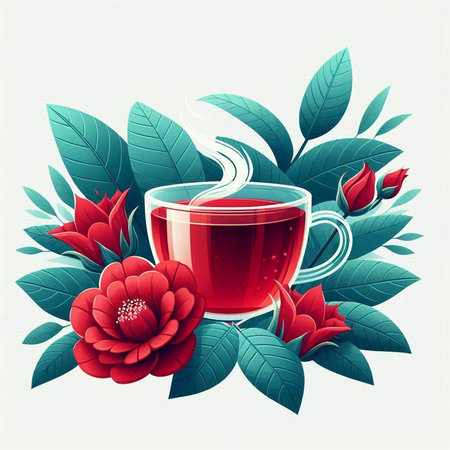 Cup of tea with red flowers and green leaves. Vector illustration.のイラスト素材