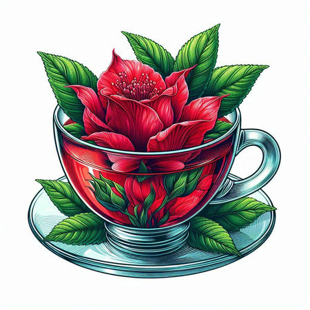 Cup of tea with red rose flowers and leaves. Vector illustration.のイラスト素材