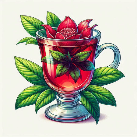 Cup of tea with red flower and leaves. Vector illustration.のイラスト素材