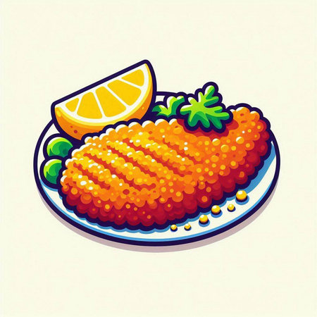 Illustration of fish fillet with lemon and parsley on plateのイラスト素材