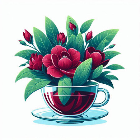 Cup of tea with red flowers and green leaves. Vector illustration.のイラスト素材
