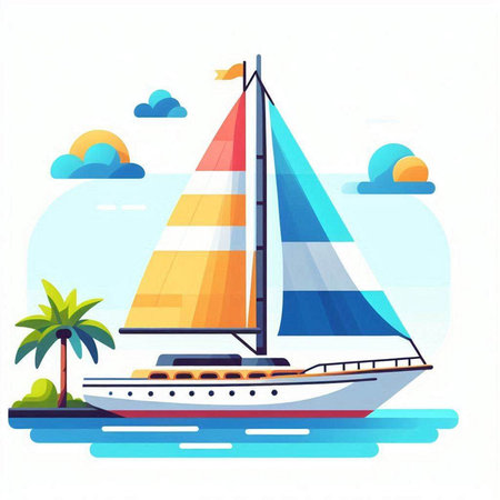Yacht on the sea in flat style. Vector illustration of a sailboat.のイラスト素材