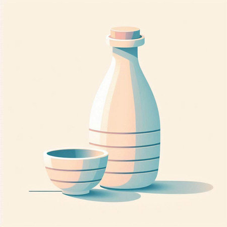 Illustration of a bowl and a bottle of milk on a light backgroundのイラスト素材