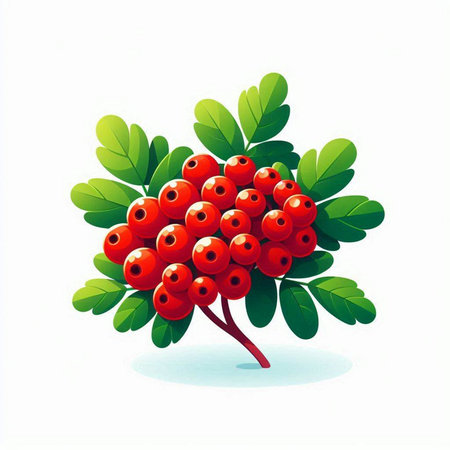 Bunch of red rowan berries with green leaves isolated on white backgroundのイラスト素材