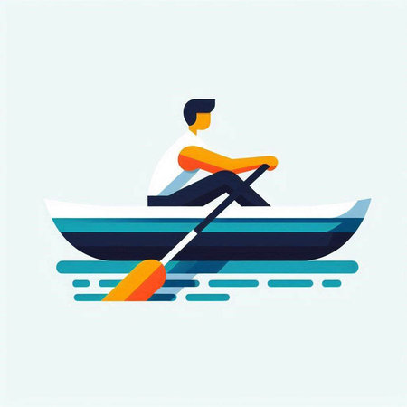 Man rowing on a boat. Vector illustration in flat style.のイラスト素材