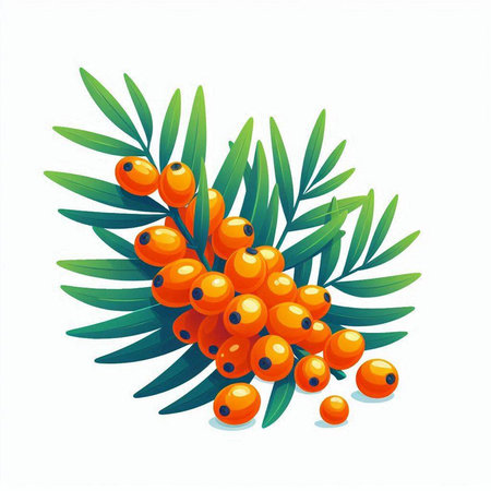 Sea buckthorn branch with berries and leaves. Vector illustration.のイラスト素材