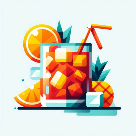 Alcoholic cocktails with ice cubes and fruits. Vector illustration.のイラスト素材
