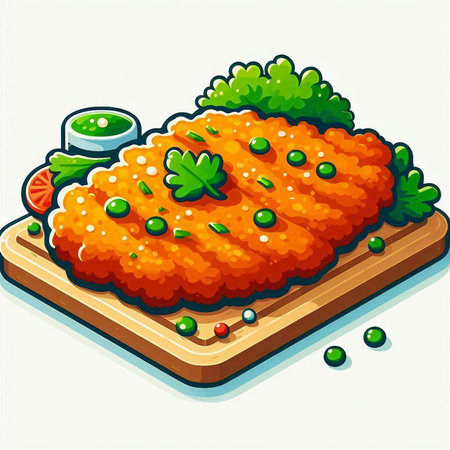 Illustration of a Chicken Cutlet on a Cutting Board with Sauceのイラスト素材