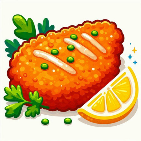 Illustration of a piece of fried chicken with lemon and parsleyのイラスト素材