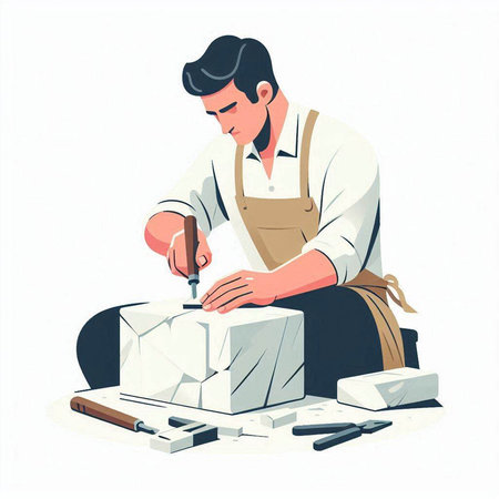 Man working in the carpentry workshop. Vector illustration in cartoon style.のイラスト素材
