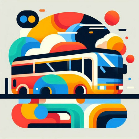 Vector illustration of a bus on a background of colorful geometric shapes.のイラスト素材