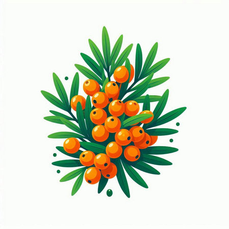 Branch of sea buckthorn berries with green leaves. Vector illustration.のイラスト素材