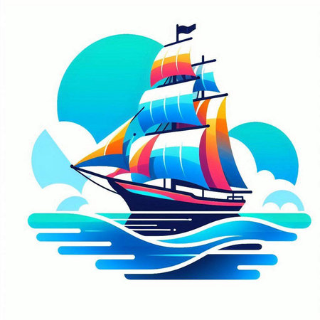 Sailing ship in the sea. Colorful vector illustration for your designのイラスト素材