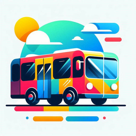 Colorful bus on the background of the summer landscape. Vector illustration.のイラスト素材