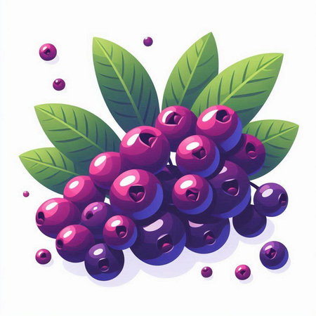 Bunch of ripe blueberries with green leaves. Vector illustration.のイラスト素材