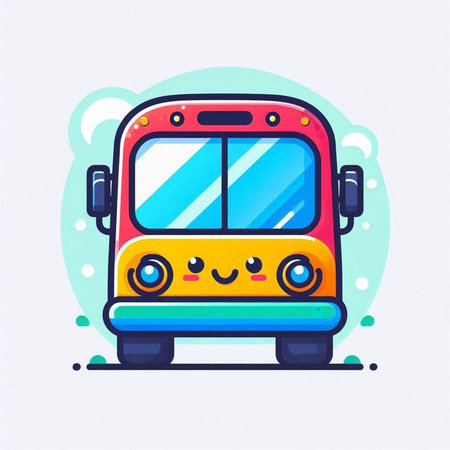 Cute school bus with smiling face. Vector illustration in cartoon style.のイラスト素材
