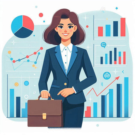Businesswoman with briefcase standing in front of infographs. Vector illustration.のイラスト素材