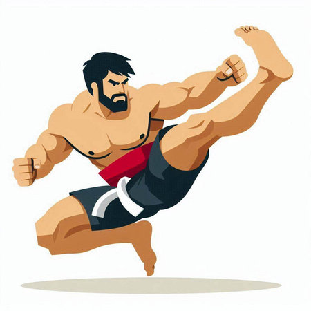 Muay Thai fighter in action, isolated on white background. Vector illustration.のイラスト素材