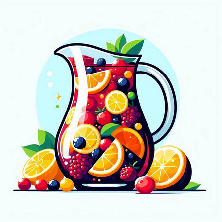 Jug of sangria with fruits and berries. Vector illustration.のイラスト素材