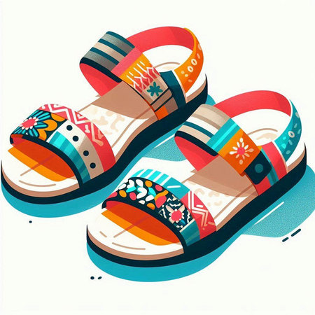 Vector illustration of a pair of flip flops with colorful patterns.のイラスト素材