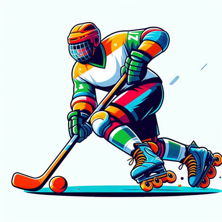 illustration of a cartoon ice hockey player in action isolated on white backgroundのイラスト素材