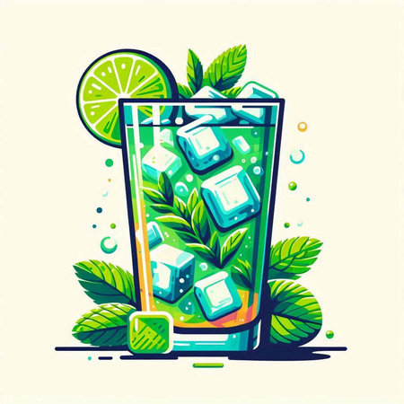 Cocktail, mojito with lime, mint and ice. Vector illustrationのイラスト素材