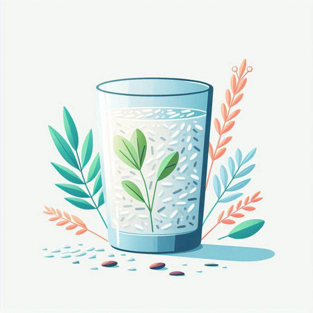 Glass of milk and leaves on white background. Vector illustration in flat style.のイラスト素材