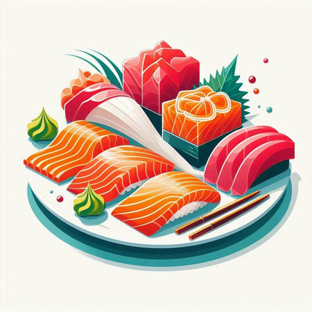 Vector illustration of japanese food. Sashimi, sushi and rolls.のイラスト素材