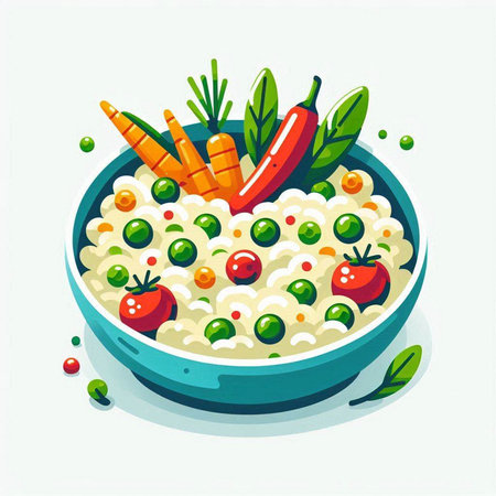 Rice porridge with vegetables in a bowl. Vector illustration.のイラスト素材