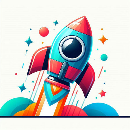 Rocket on abstract colorful background with space for text. Vector illustration.のイラスト素材