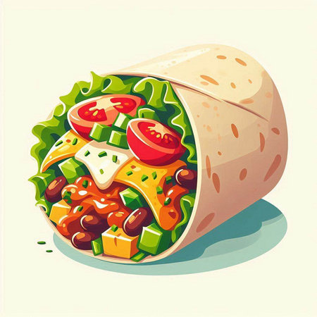 Tortilla wrap with meat, vegetables and cheese. Vector illustration.のイラスト素材