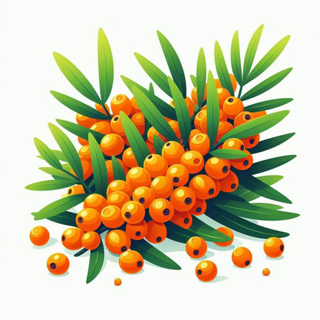 Sea buckthorn berries with green leaves on white background. Vector illustration.のイラスト素材