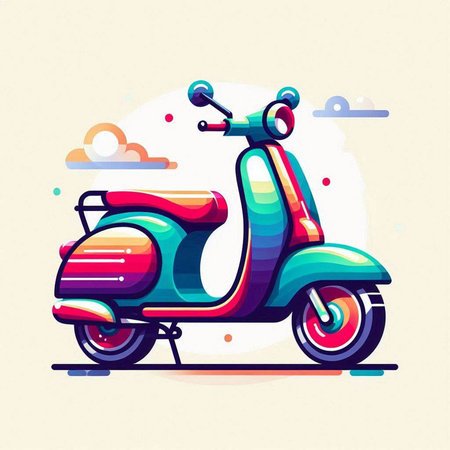 Colorful scooter on the background of the sky. Vector illustration.のイラスト素材