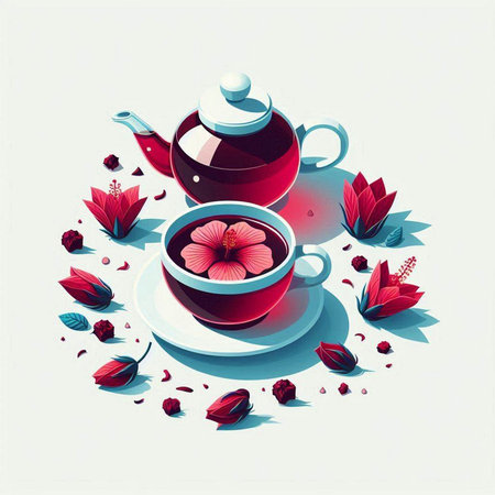 Vector illustration of a cup of tea with flowers and a teapotのイラスト素材